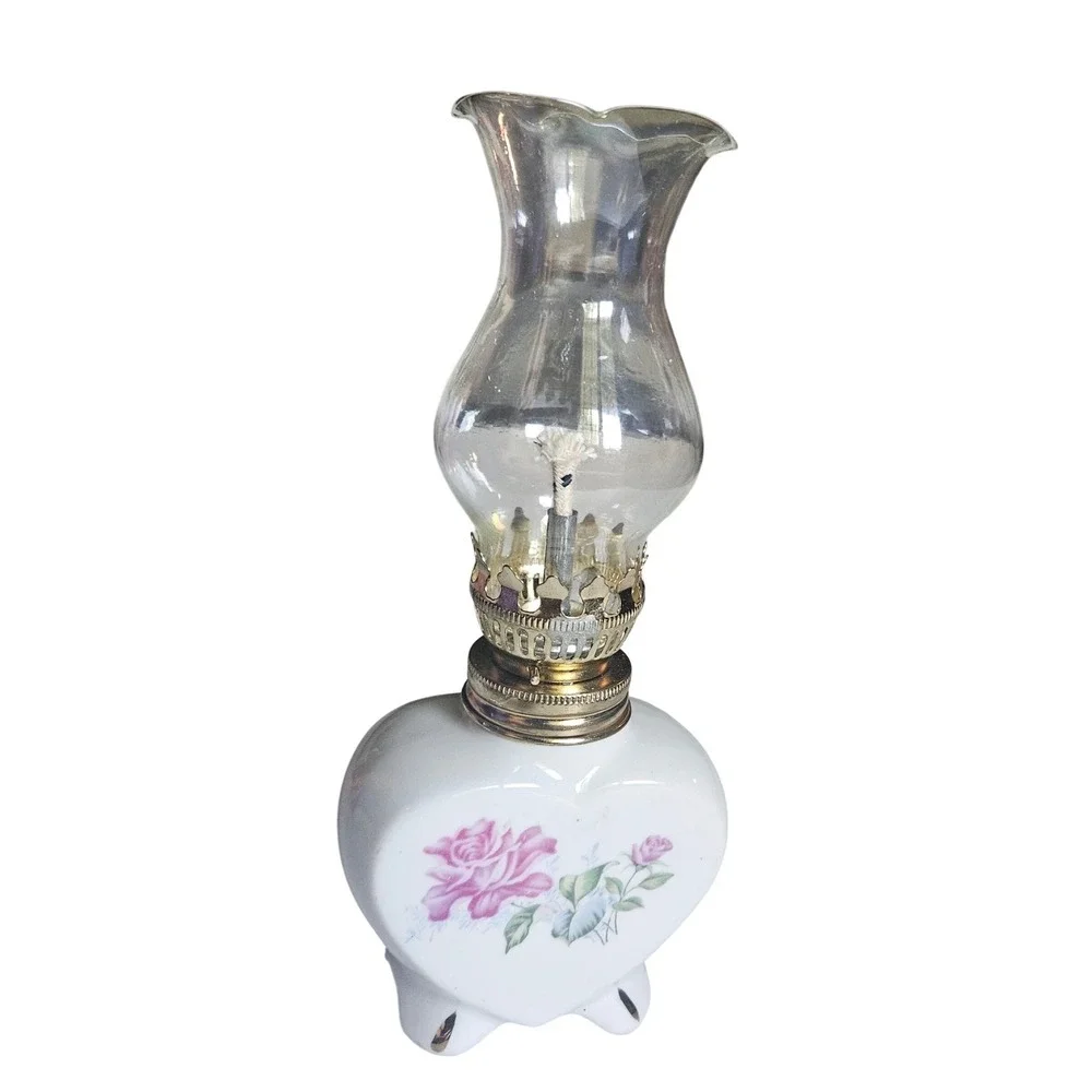 Vintage Heart Shaped Porcelain Oil Lamp cottagecore décor Floral crystal Chimney